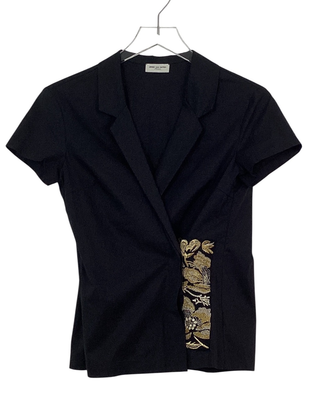 DRIES VAN NOTEN Black Wrap Blouse Gold Embroidered Pocket Kimono Style Size M